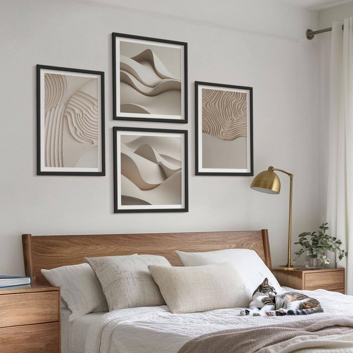 BILDER SET 4er Set - 50x50 cm & 40x60 cm Schwarzer Rahmen - Abstrakte Wellen auf dem Sand - Schwarz, Kunststoff (50/50cm) - TULUP