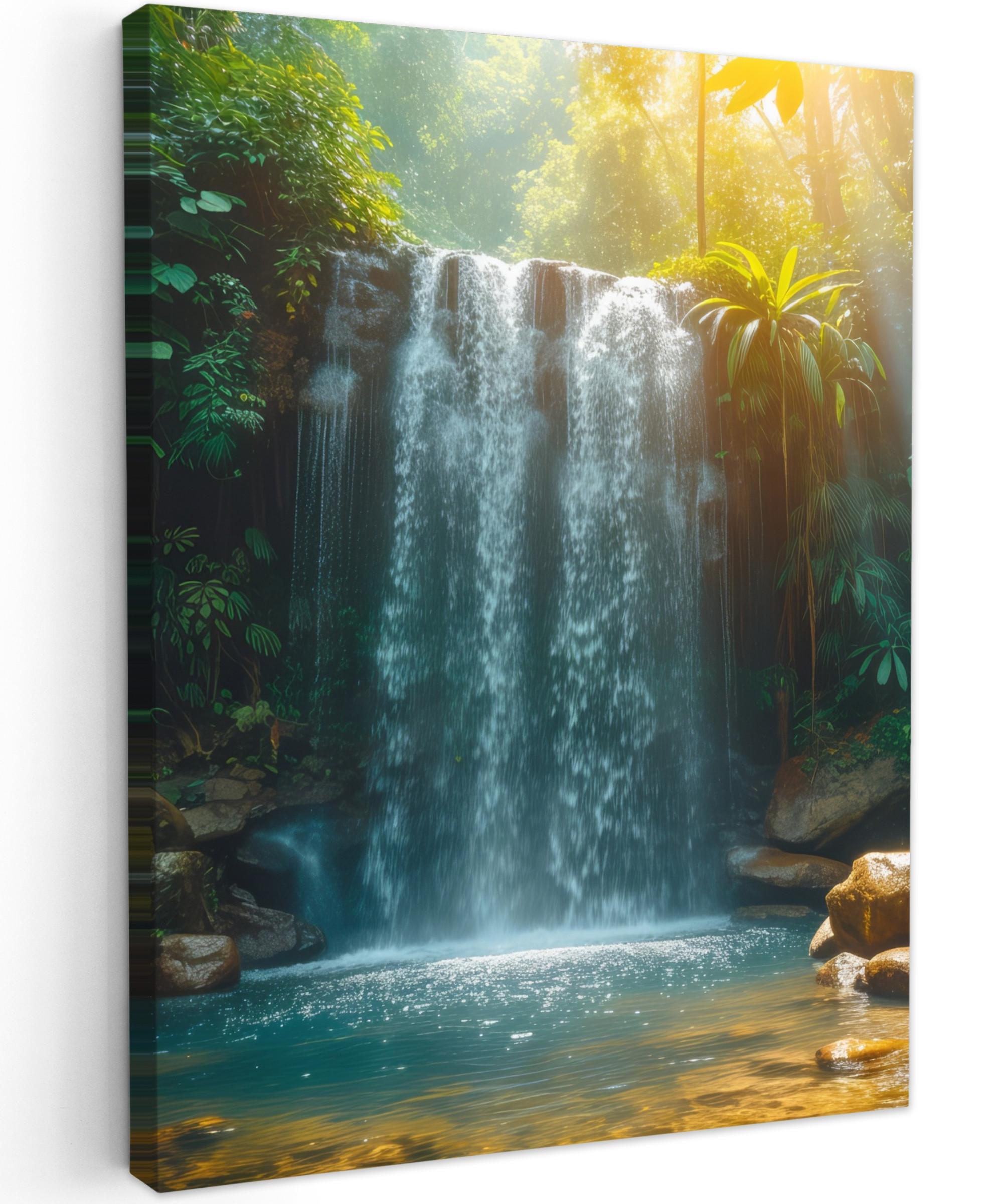 LEINWANDBILD Wasserfall - Dschungel - Sonne - Grün - Natur Wandbild Wohnzimmer 60x80 cm - Grün, Textil (60/80cm) - MuchoWow