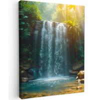 LEINWANDBILD Wasserfall - Dschungel - Sonne - Grün - Natur Wandbild Wohnzimmer 60x80 cm - Grün, Textil (60/80cm) - MuchoWow