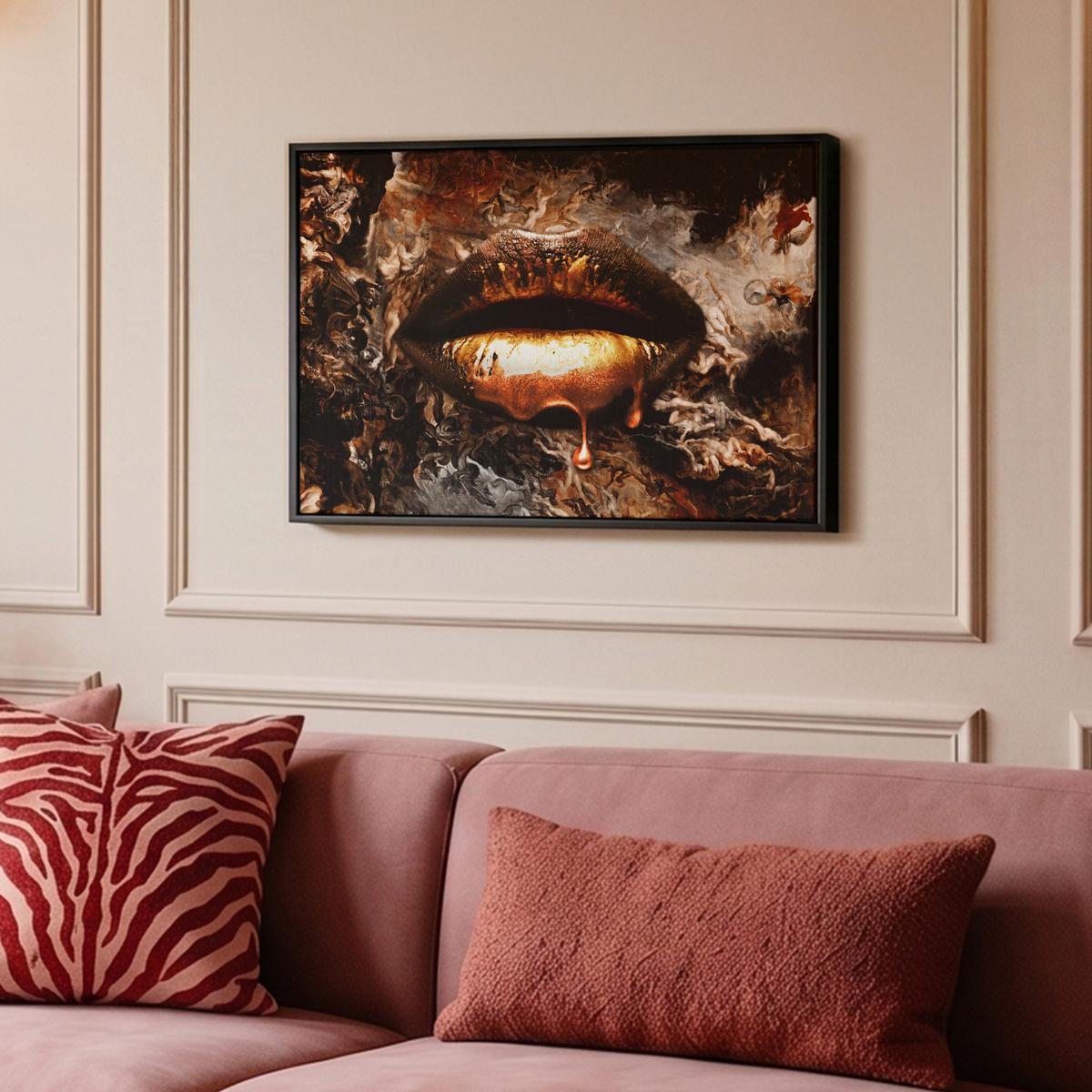 LEINWAND Bilder mit Rahmen - Gold - Lippen - Kunst - Gold - Luxus - Abstrakt - 60x40 - Kupferfarben, Textil (60/40cm) - MuchoWow