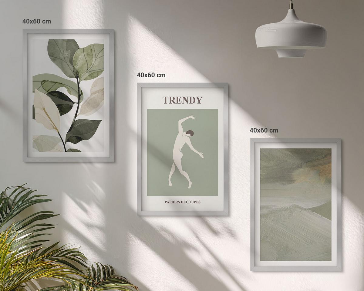 BILDER SET 3er Set - 40x60 cm Silberner Rahmen - Abstrakte Pflanzensilhouettenmuster - Silberfarben, Kunststoff (40/60cm) - TULUP