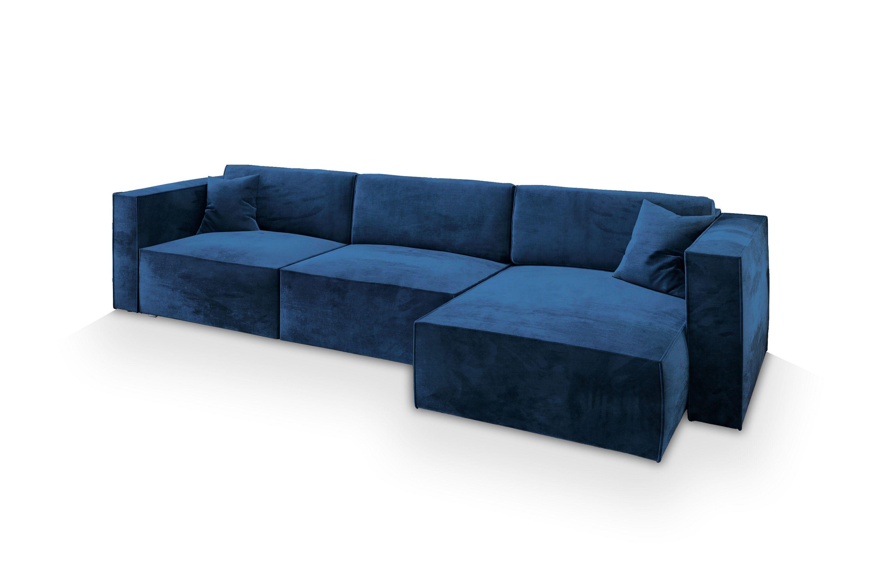 ECKSOFA TOLMO M Blau Velours-Stoff mit Schlaffunktion - Blau/Grau, Holz/Kunststoff (347/148cm) - MASSENO