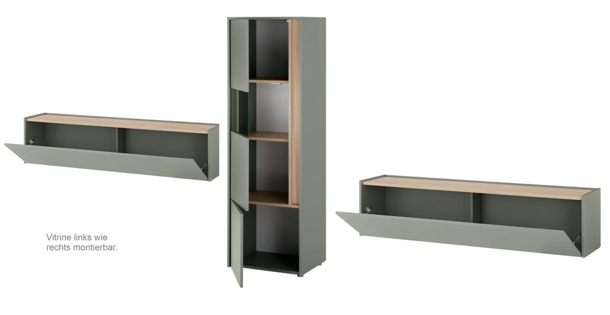 WOHNWAND 3-teilig in Salbei grün, Barista Eiche 350, Komplett-Set mit viel Stauraum - Salbeigrün/Eichefarben, Glas/Holzwerkstoff (350/155/40cm) - Furn.Design