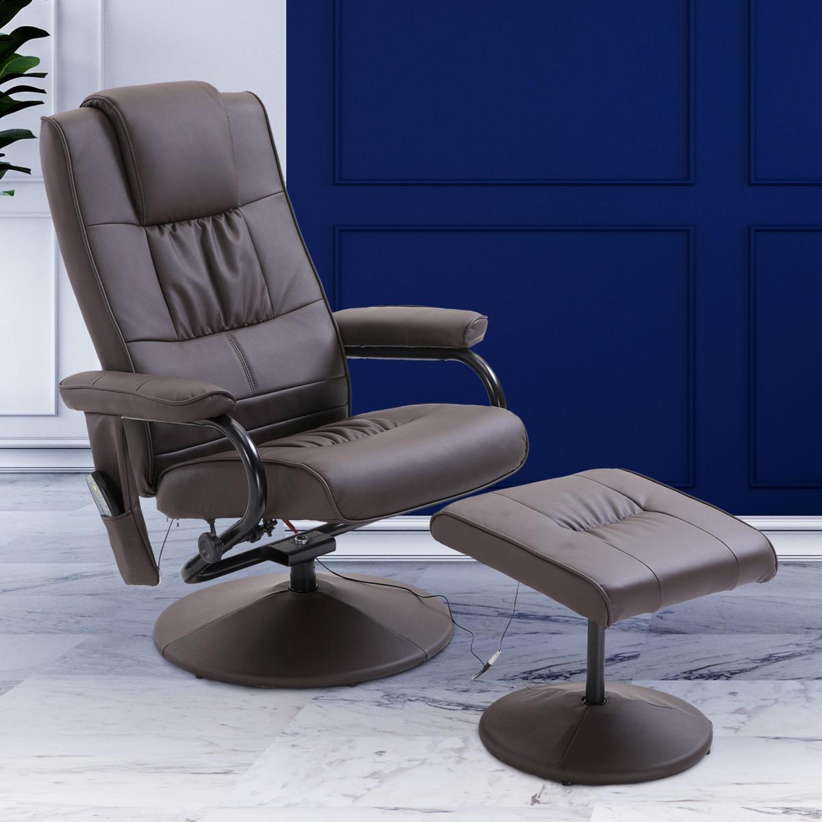 MASSAGESESSEL mit Hocker, Relaxsessel mit Liegefunktion, Massagefunktion, Braun - Schwarz/Braun, Leder/Kunststoff (84/95/77cm) - HOMCOM