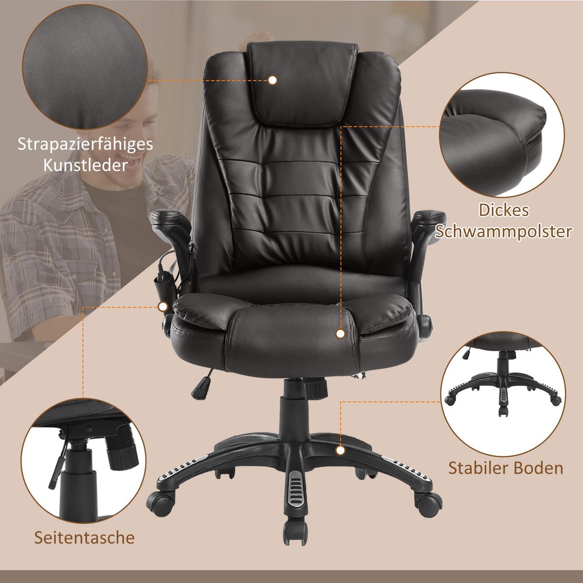 MASSAGESESSEL Bürostuhl Drehstuhl mit Wärmefunktion Chefsessel Bürosessel - Schwarz/Braun, Kunststoff (68/121/62cm) - HOMCOM