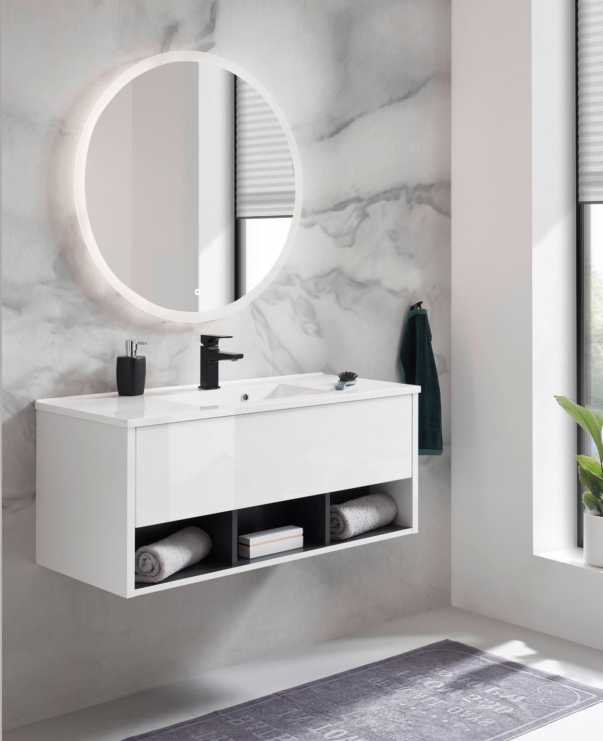 BADMÖBEL-SET weiß Hochglanz, grau, Kombination mit Waschbecken und LED Beleuchtung 100 cm - Weiß Hochglanz/Grau, Glas/Holzwerkstoff (100/190/47cm) - Furn.Design