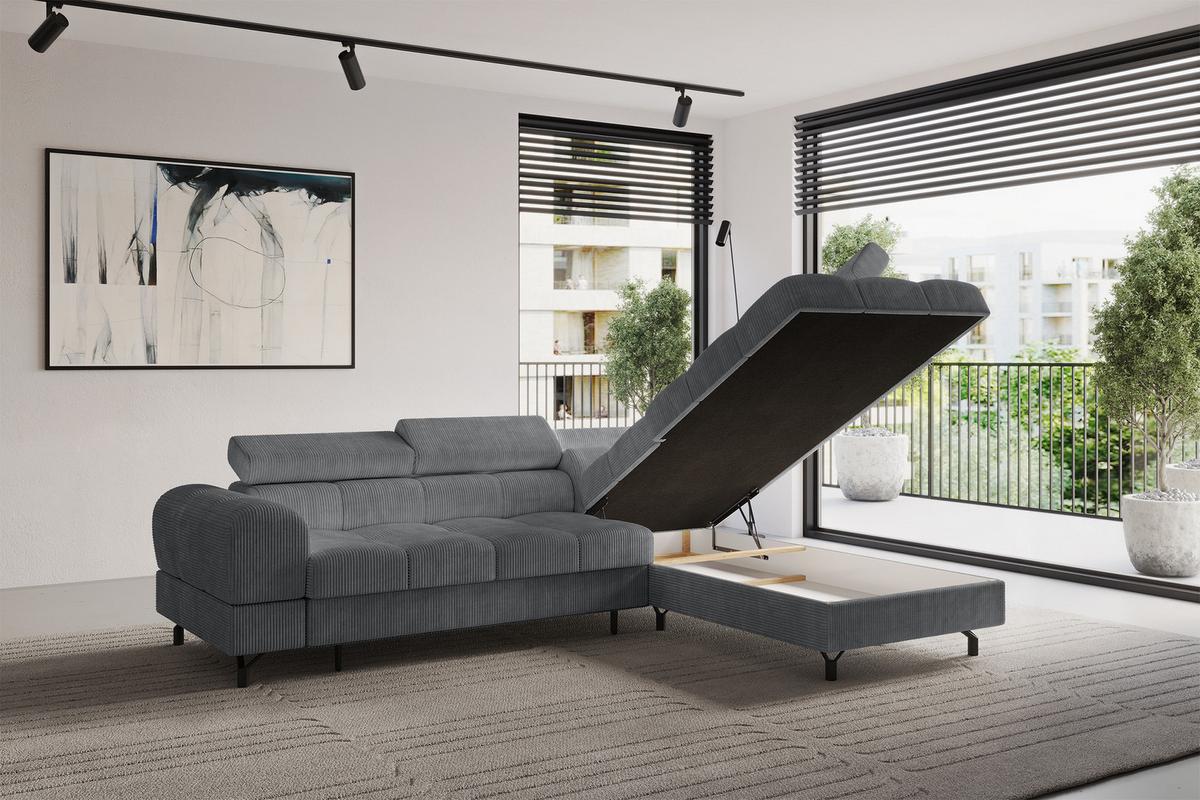 ECKSOFA mit Schlaffunktion Ottomane Rechts LUMA-L 272x203x70 Dunkelgrau Cord - Dunkelgrau/Schwarz, Holzwerkstoff/Kunststoff (203/272cm) - ALTDECOR
