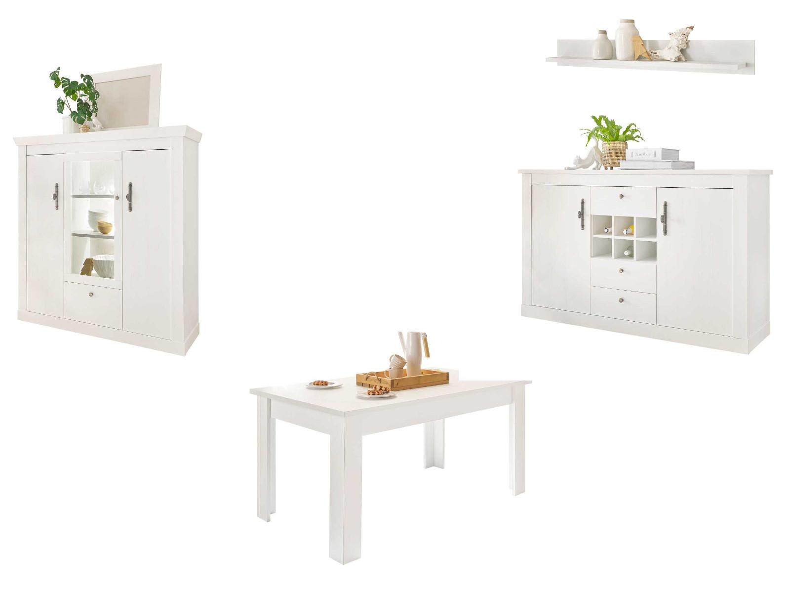 ESSZIMMER-SET 4-teilig weiß Pinie Landhaus, Soft-Close-Funktion - Silberfarben/Weiß, Glas/Holzwerkstoff (166/146/90cm) - Furn.Design