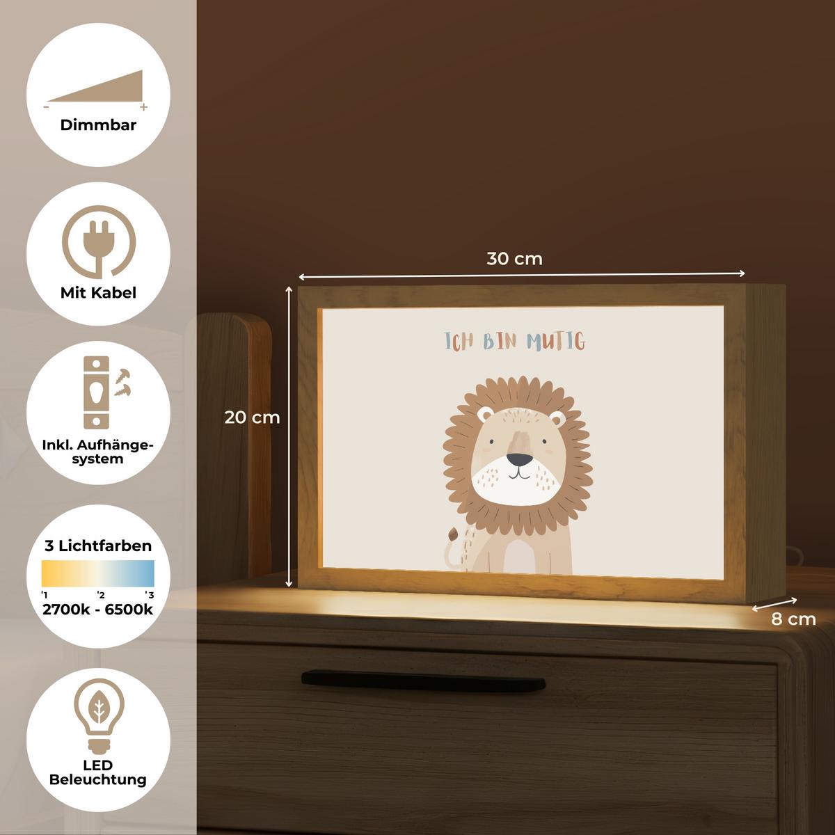 WANDLEUCHTE Löwe - Beige - Tier - Mutig - Zitat 30x20 cm - Beige, Holzwerkstoff (30/20/8cm) - OnlyWow