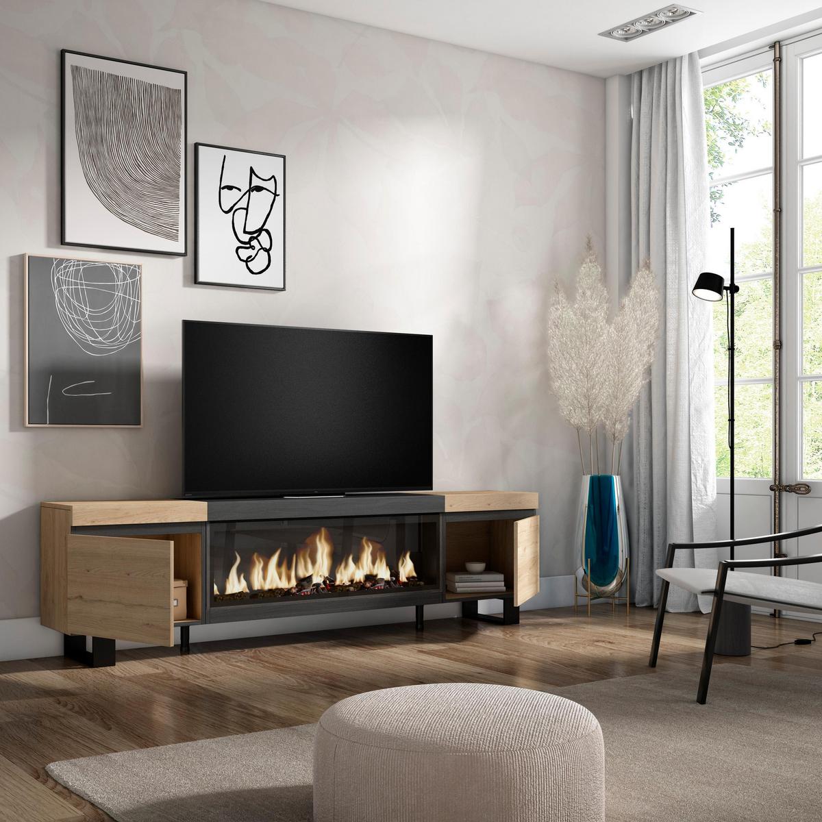 LOWBOARD, Tv-Schrank, mit Elektrokamin XXL, Eiche, Schwarz, 208/35/57cm - Eichefarben/Multicolor, Holzwerkstoff (208/57/35cm) - Skraut Home