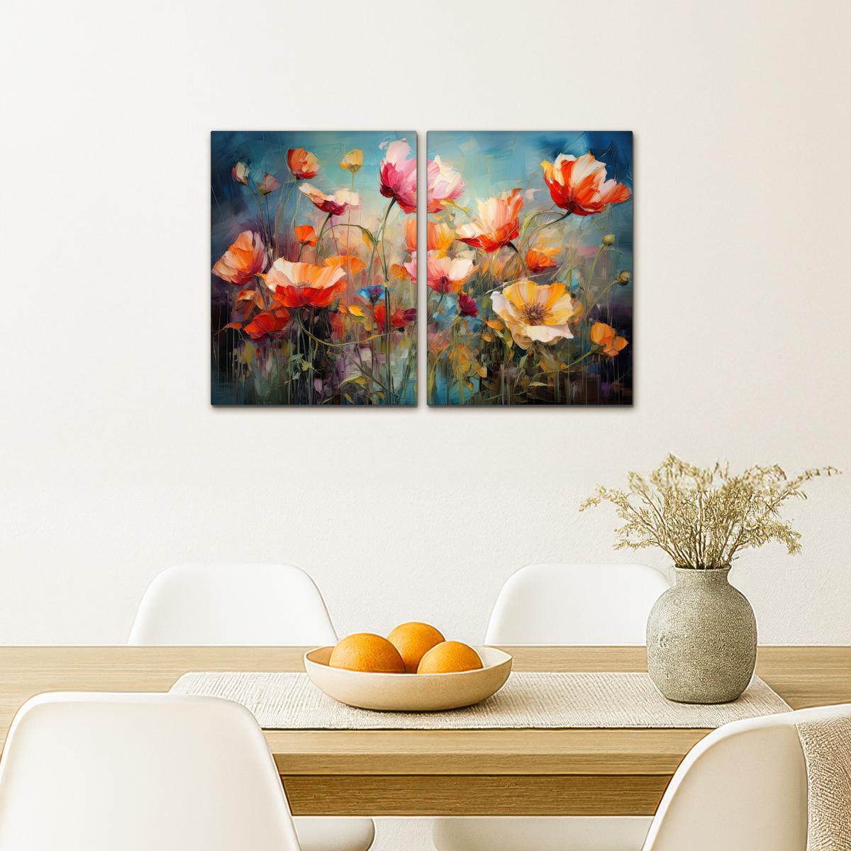 LEINWANDBILD 2er Set Blumen - Bunt - Abstrakt 60x40 cm - Blaugrau, Textil (60/40cm) - MuchoWow
