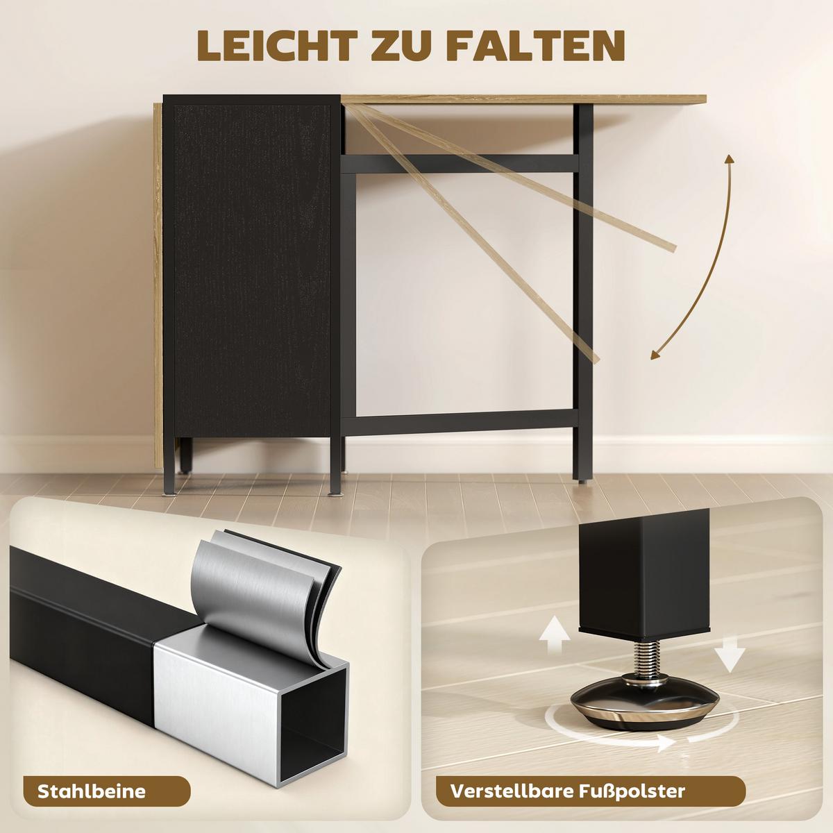 KLAPPTISCH Esstisch Beistelltisch Eiche Metallrahmen Küche Wohnzimmer Braun+Schwarz - Schwarz/Braun, Holzwerkstoff/Metall (169/60/75cm) - HOMCOM