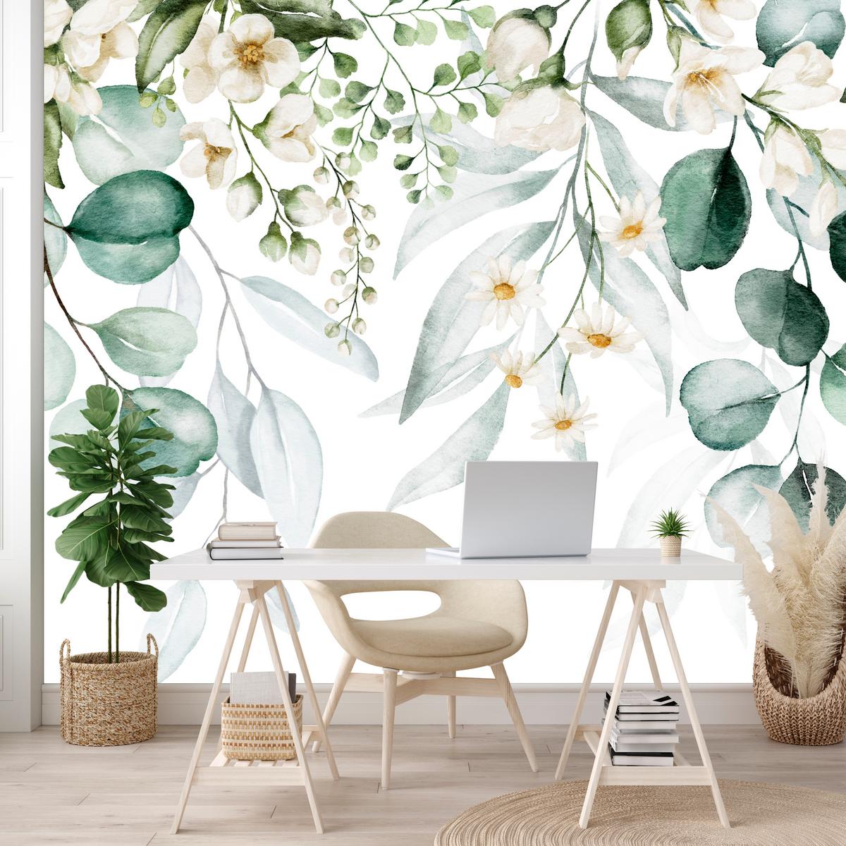 FOTOTAPETE für Schlafzimmer Aquarell Blätter Blumen Weiß 350x256 - Gelb/Weiß, Papier (350/256cm) - Muralo