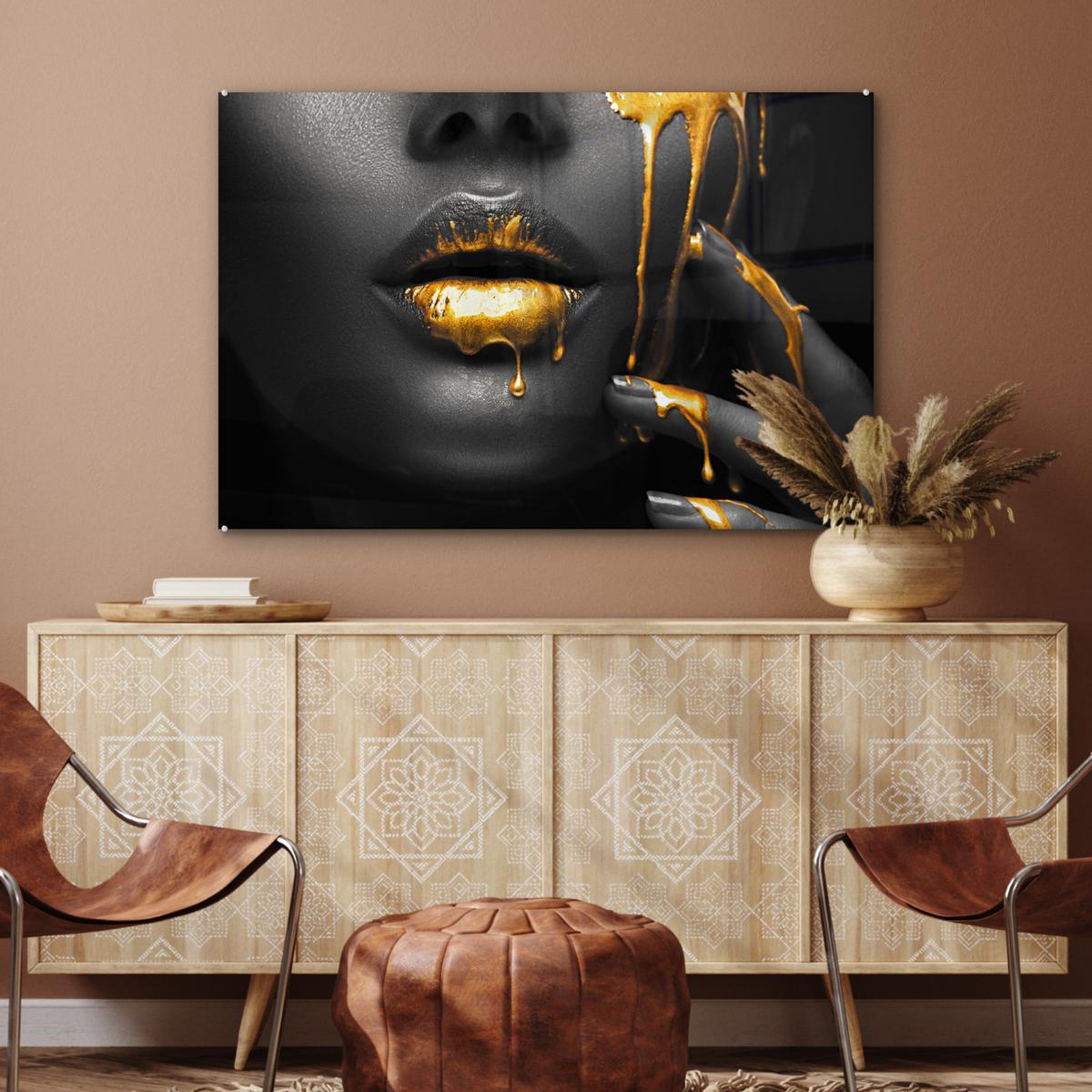 ACRYLGLASBILD Frau - Schwarz - Gold - Gesicht - Lippen Room Decor 90x60 cm - Goldfarben, Glas (90/60cm) - MuchoWow
