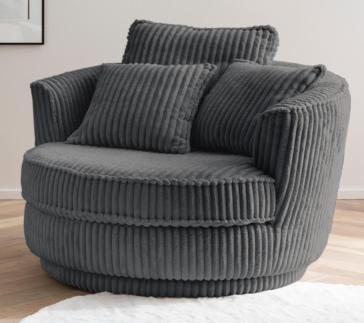 BIG-SESSEL Relaxsessel Mega Cord grau Ø 120 cm 360° drehbar, inklusive 3x Kissen - Grau, Holz/Textil (120/86/120cm) - Furn.Design