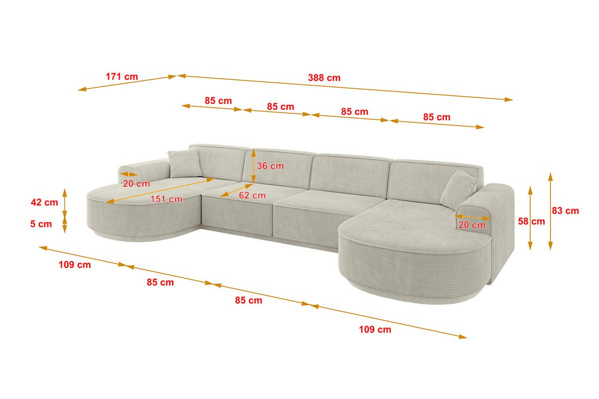 WOHNLANDSCHAFT MARI-U2-v3 - 388x171x83 cm Creme Cord - Hellgrau/Creme, Holzwerkstoff/Kunststoff (388/83/171cm) - ALTDECOR