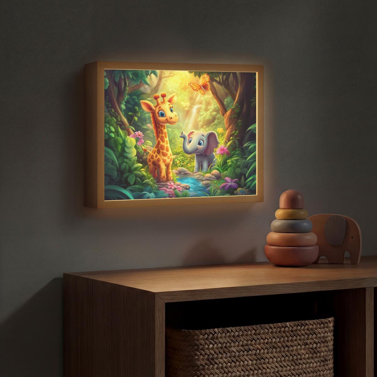 WANDLEUCHTE MIT AKKU Giraffe - Elefant - Blumen - Dschungel 40x30 cm - Grün, Holzwerkstoff (40/30/8cm) - OnlyWow
