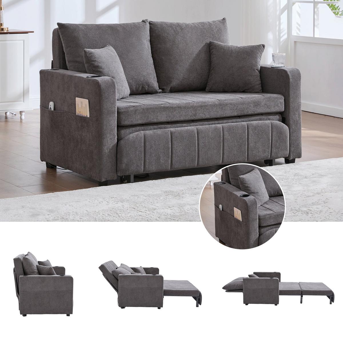 SCHLAFSOFA aus chenille mit bettfunktion, usb-anschluss & becherhaltern - Grau, Textil (139/83/73cm) - Urban Meuble