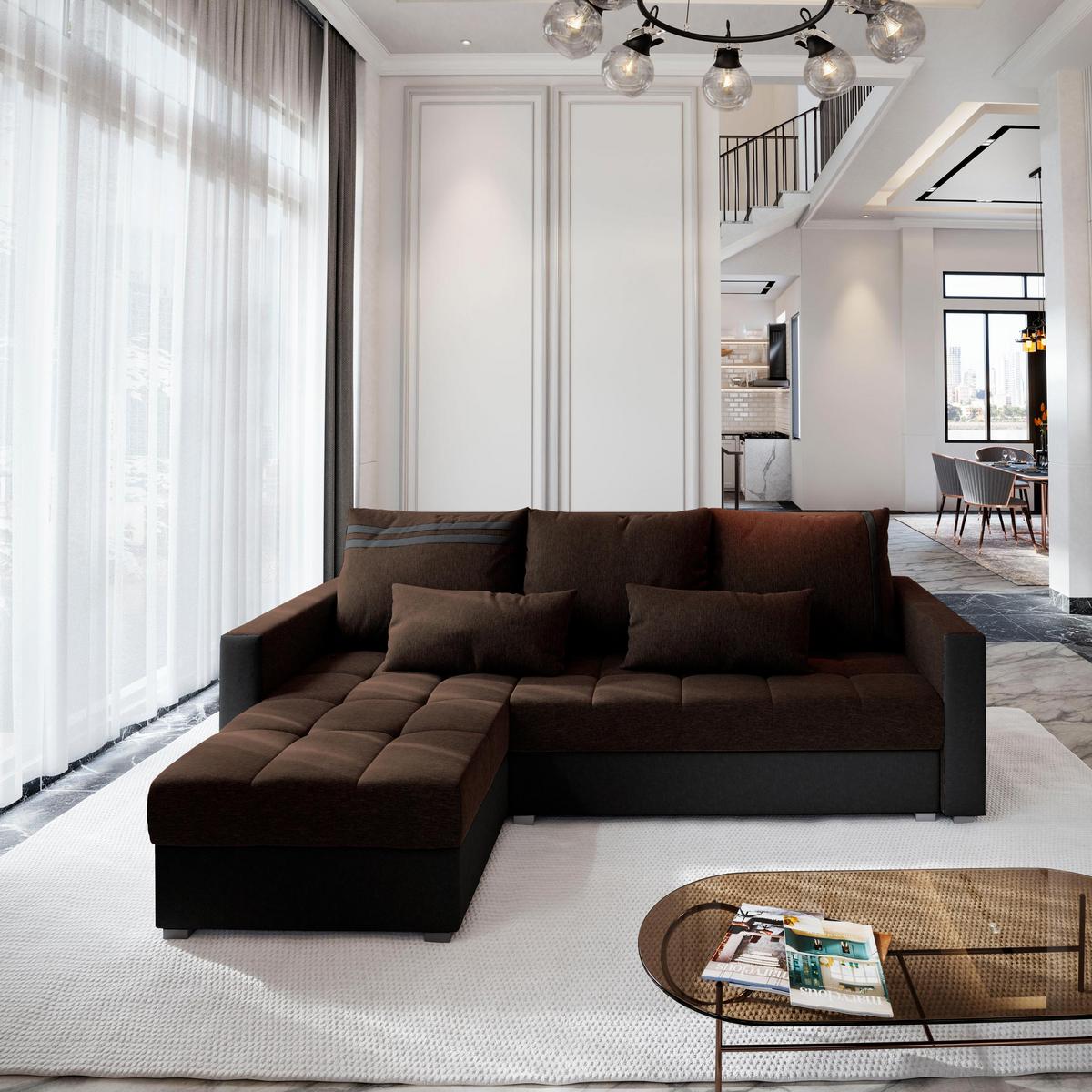 ECKSOFA KOS PIK Braun Dünner Stoff mit Schlaffunktion - Braun/Grau, Holz/Kunststoff (220/140cm) - MASSENO