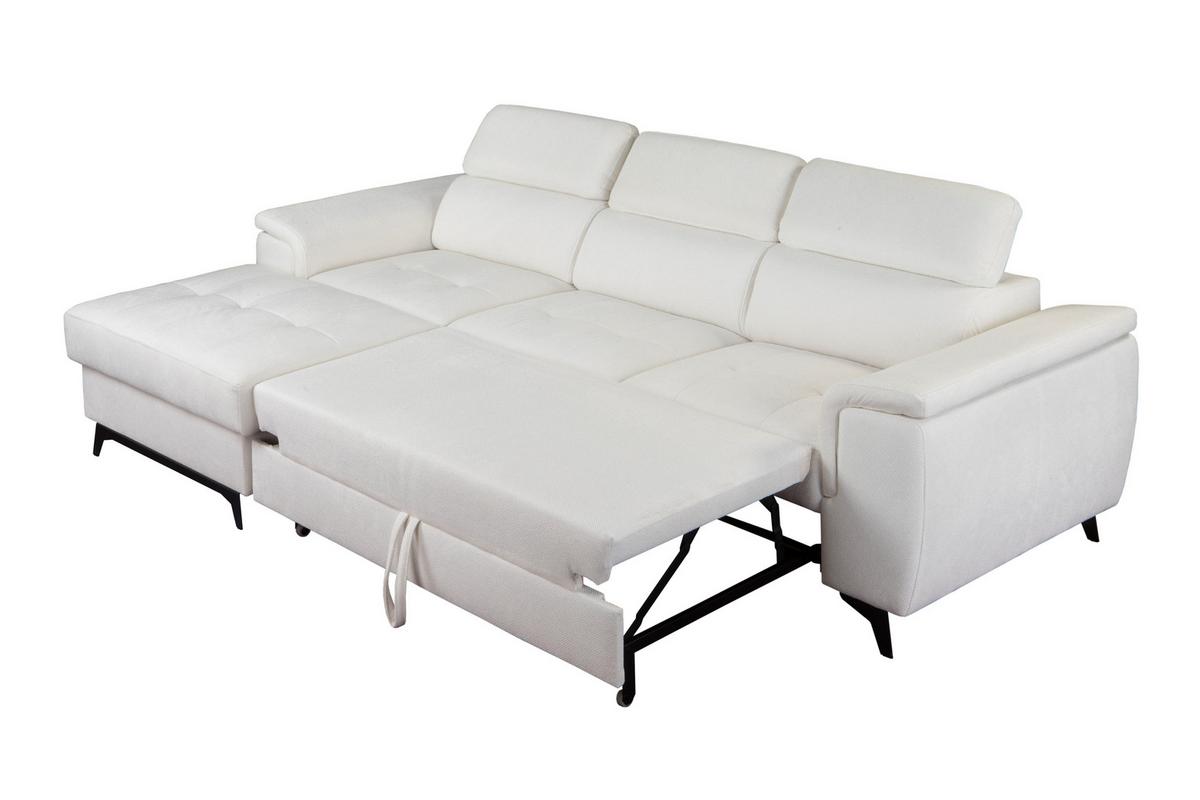 ECKSOFA VOLA Weiß Velours-Stoff mit Schlaffunktion - Weiß, Holz (270/175cm) - MASSENO
