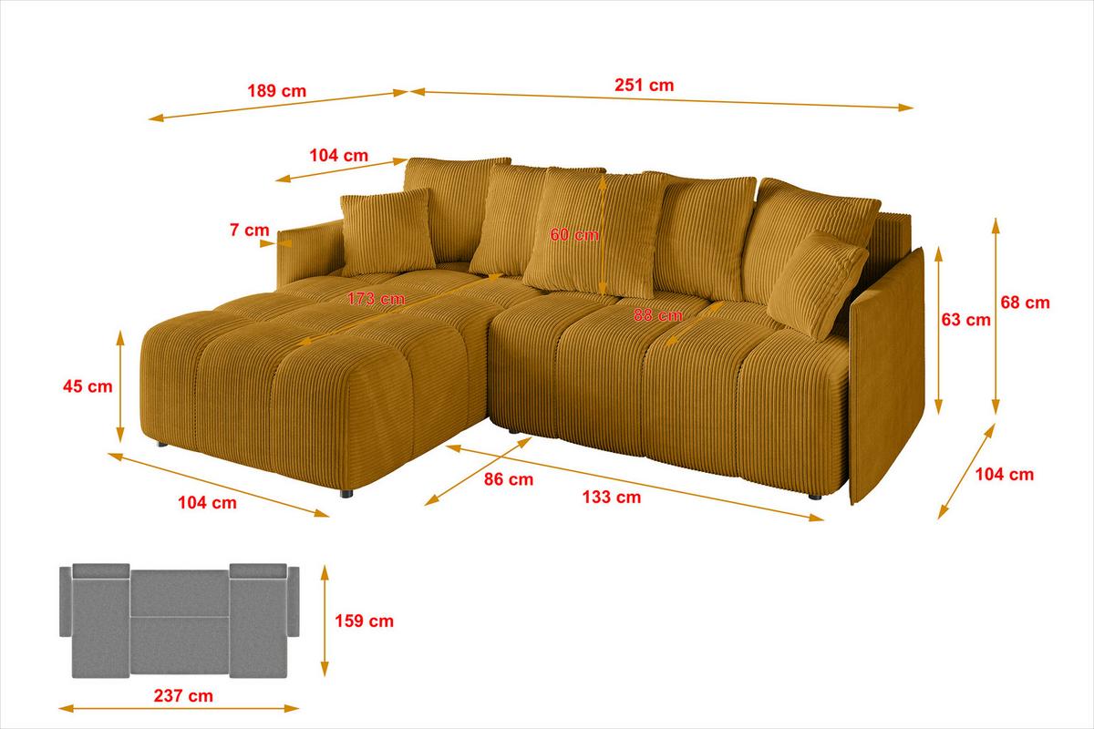 ECKSOFA Ottomane links LONLI-L 251x189x68 Currygelb Cord - Currygelb, Holzwerkstoff/Kunststoff (251/189cm) - ALTDECOR