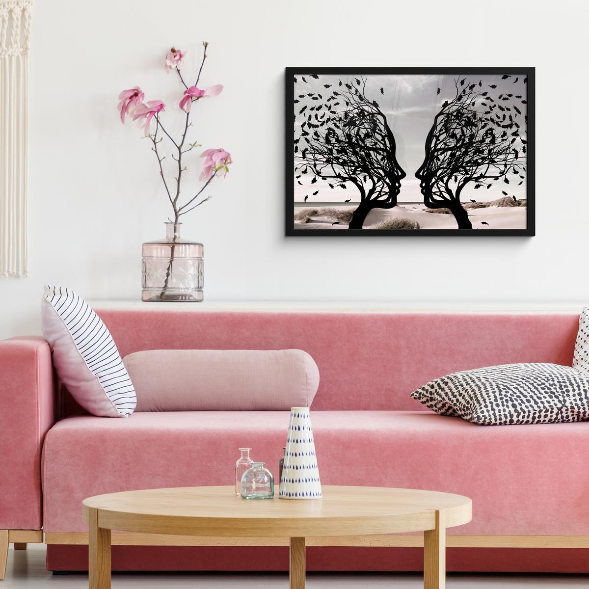 POSTER MIT RAHMENGERAHMTES BILD Strand - Meer - Menschen - Baum - Moderne Kunst 60x40 cm - Hellgrau, Papier (60/40cm) - MuchoWow