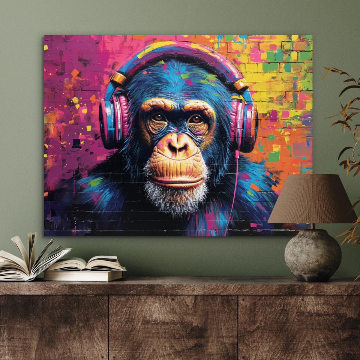 METALLBILD Graffiti - Schimpanse - Straßenkunst - Kopfhörer - Affe 80x60 cm - Blau, Metall (80/60cm) - MuchoWow