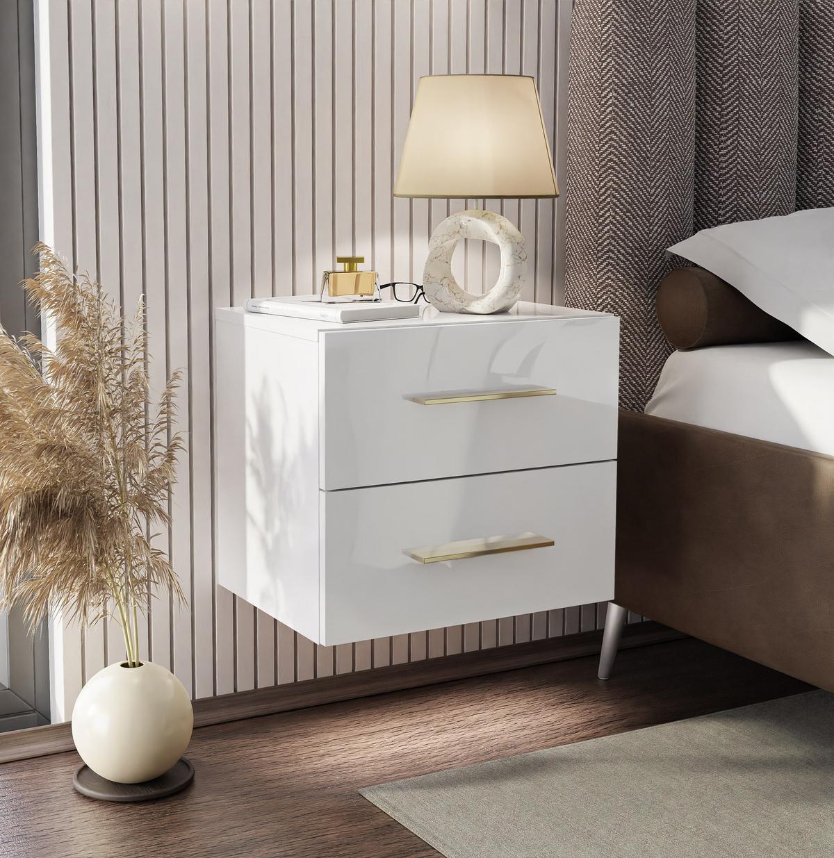NACHTTISCH LINA LUX hängend mit Griffen und Hochglanzplatte – Griffe: Gold-Chrom - Goldfarben/Weiß, Holzwerkstoff (45/41.8/38.5cm) - Lookway