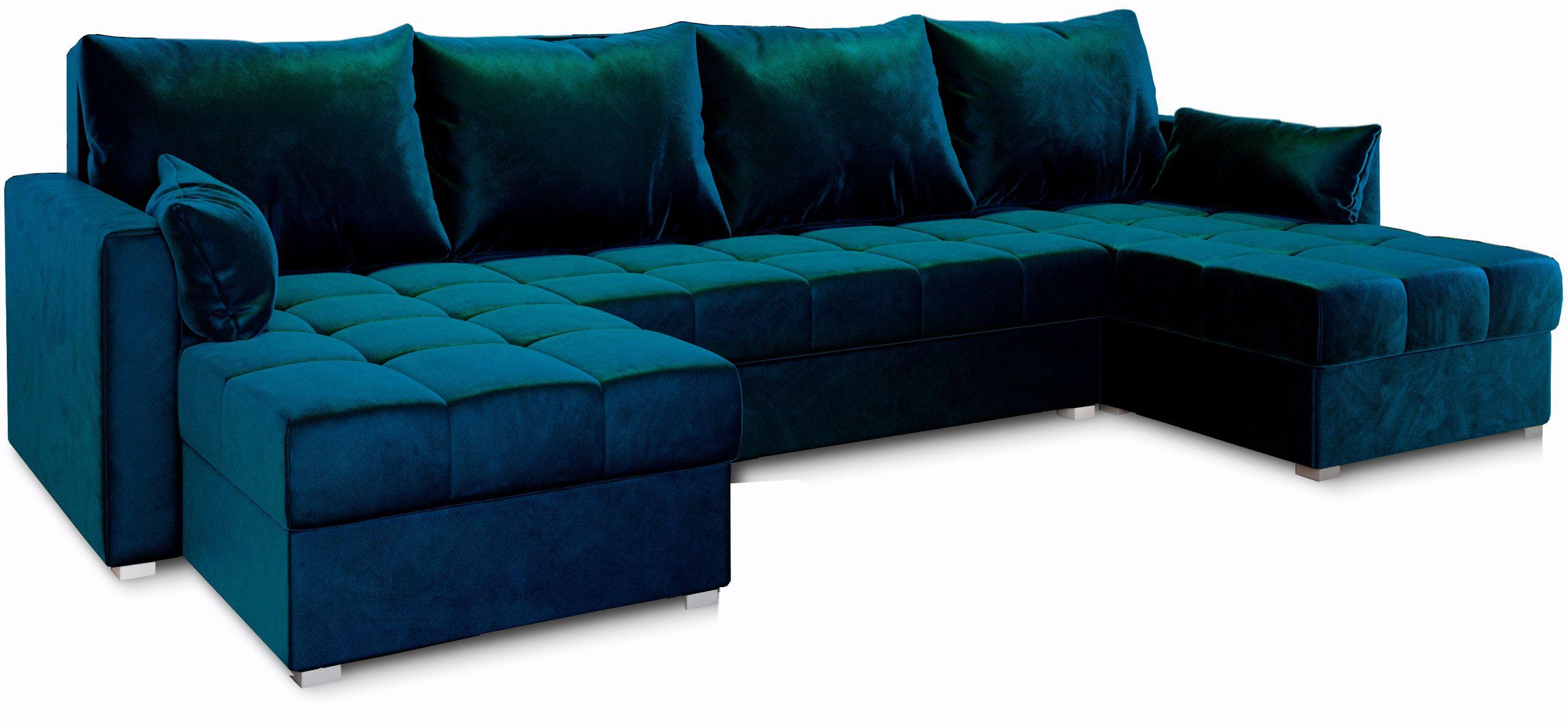WOHNLANDSCHAFT NAKO Blau Plüsch-Stoff mit Schlaffunktion - Blau/Grau, Holz/Kunststoff (285/85/140cm) - MASSENO