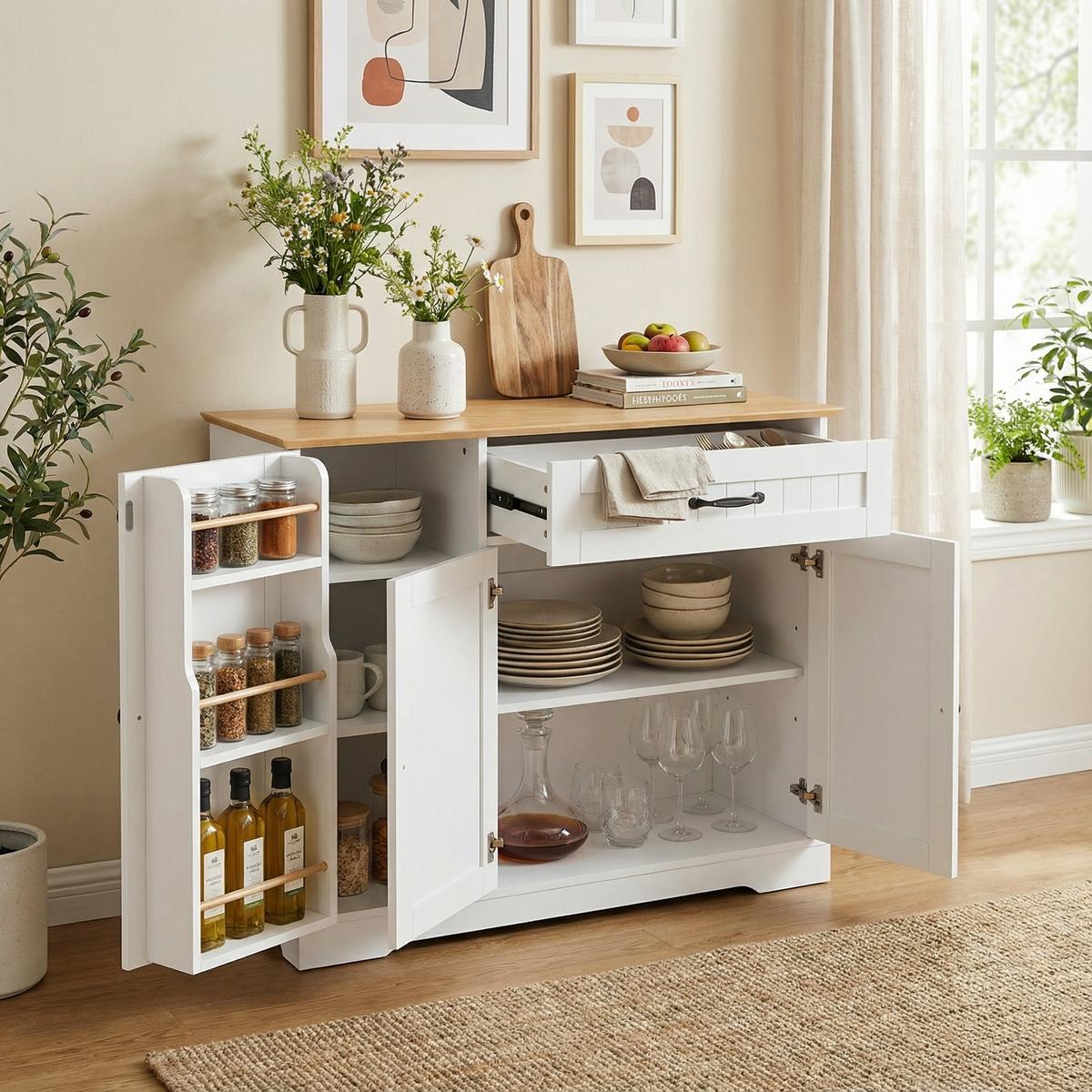 SIDEBOARD in Weiß & Natur mit 3 Türen & Schublade - Weiß Hochglanz, Holzwerkstoff (107/83/40cm) - Urban Meuble