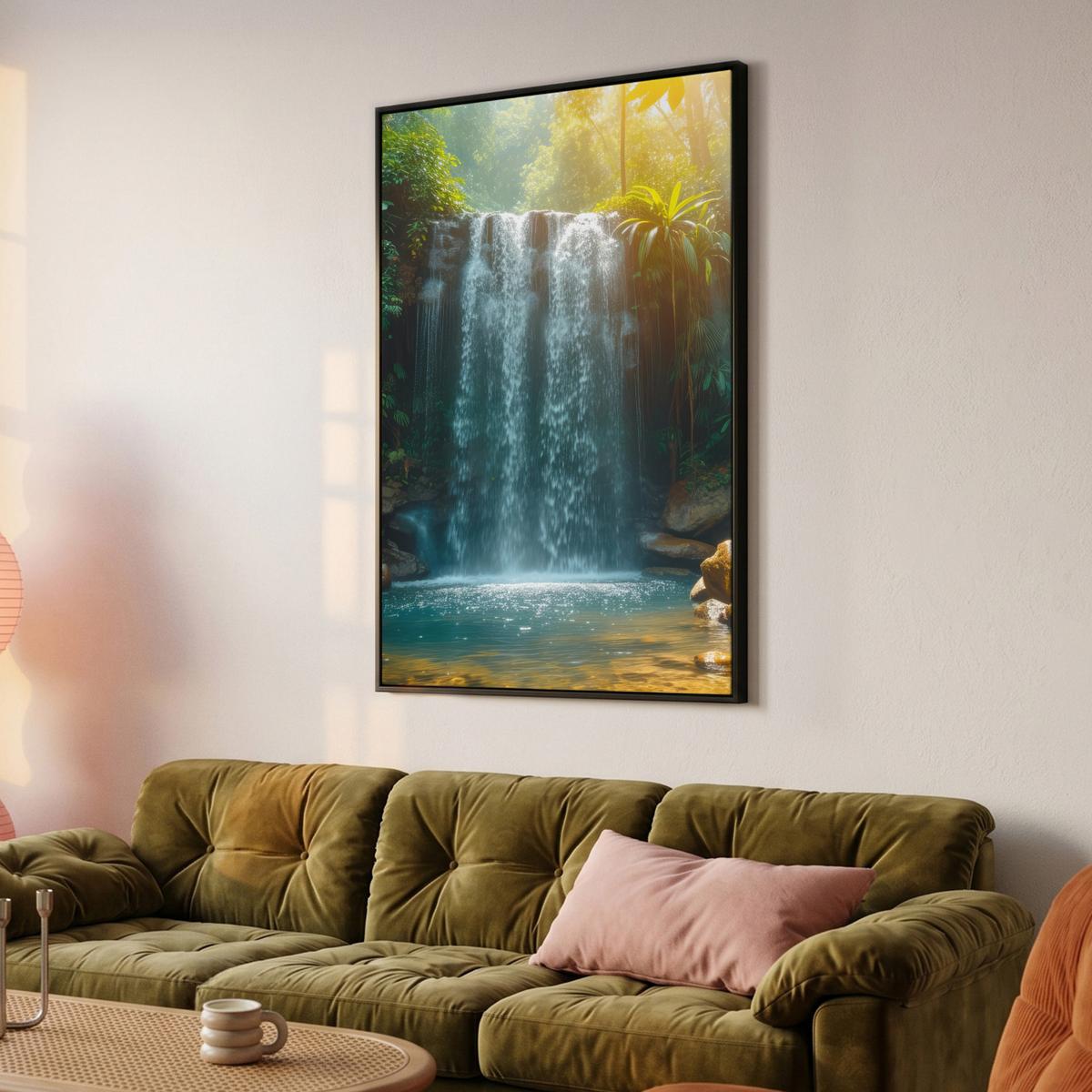 LEINWAND Bilder mit Rahmen - Wasserfall - Dschungel - Sonne - Grün - Natur - 100x150 - Grün, Textil (100/150cm) - MuchoWow