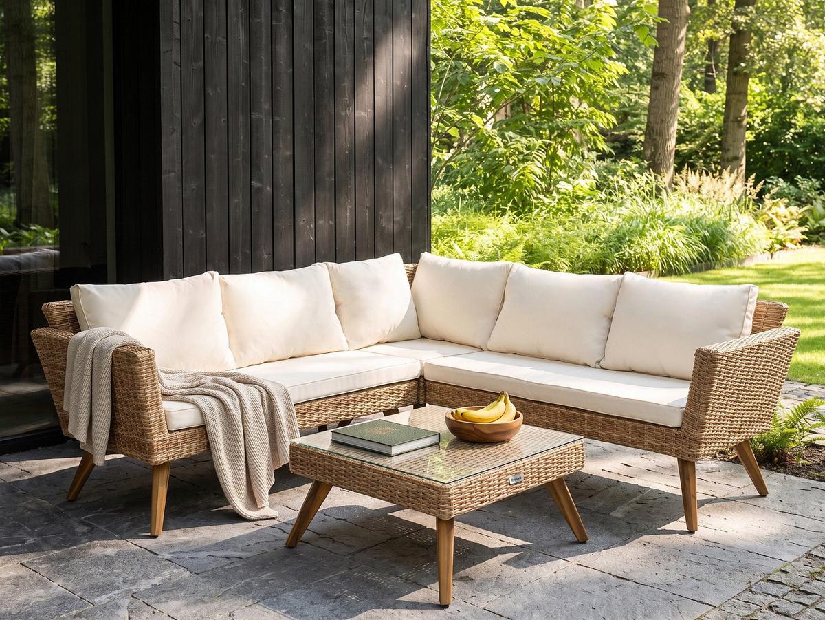 GARTEN-ECKSOFA mit Tisch 6-Sitzer Polyrattan Cremeweiß Vittoria - Beige/Creme, Kunststoff - Beliani
