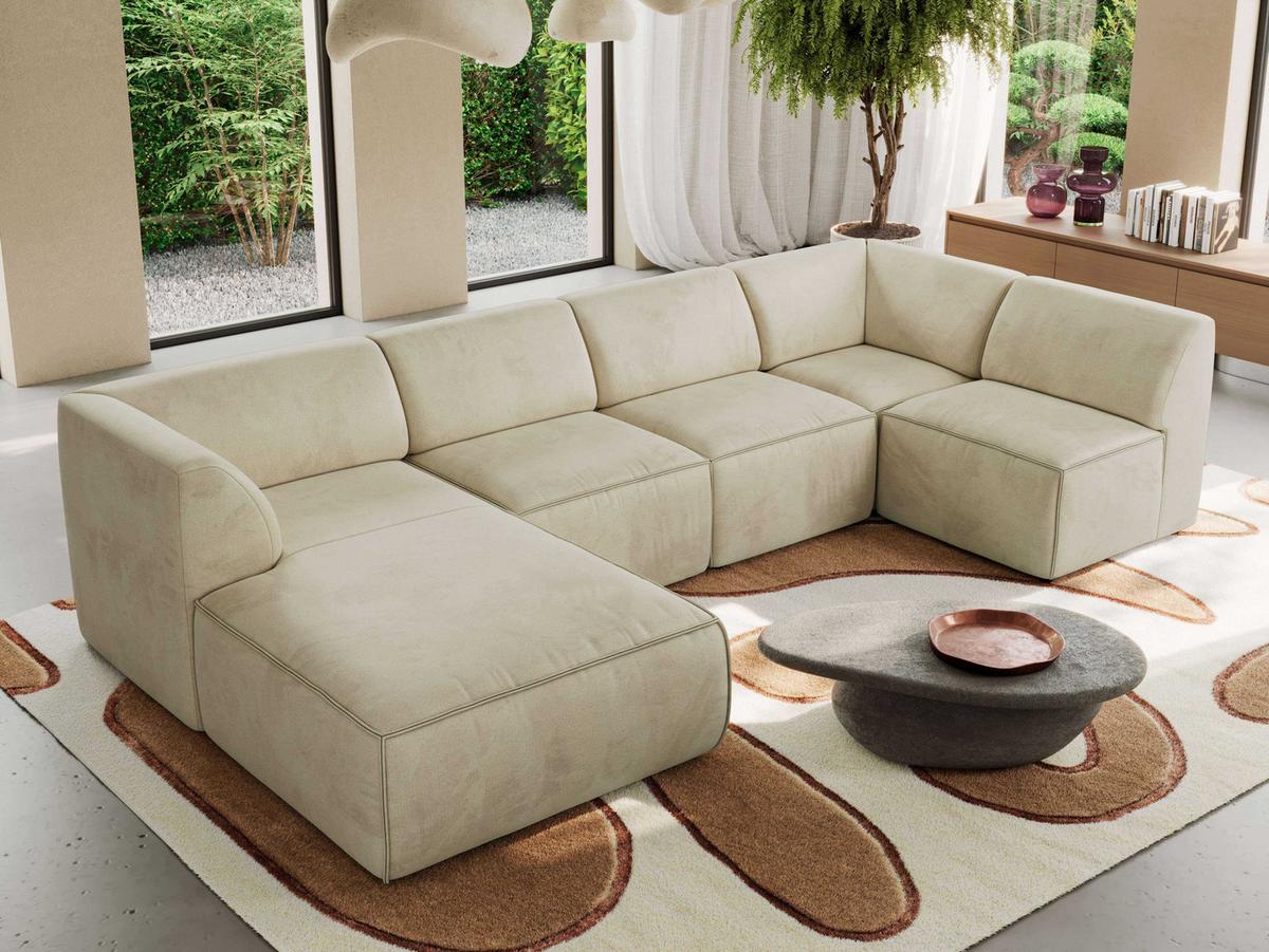WOHNLANDSCHAFT MODARO U 5M - Beige Velvet - Links - Beige/Schwarz, Textil (180/78/345cm) - MKS