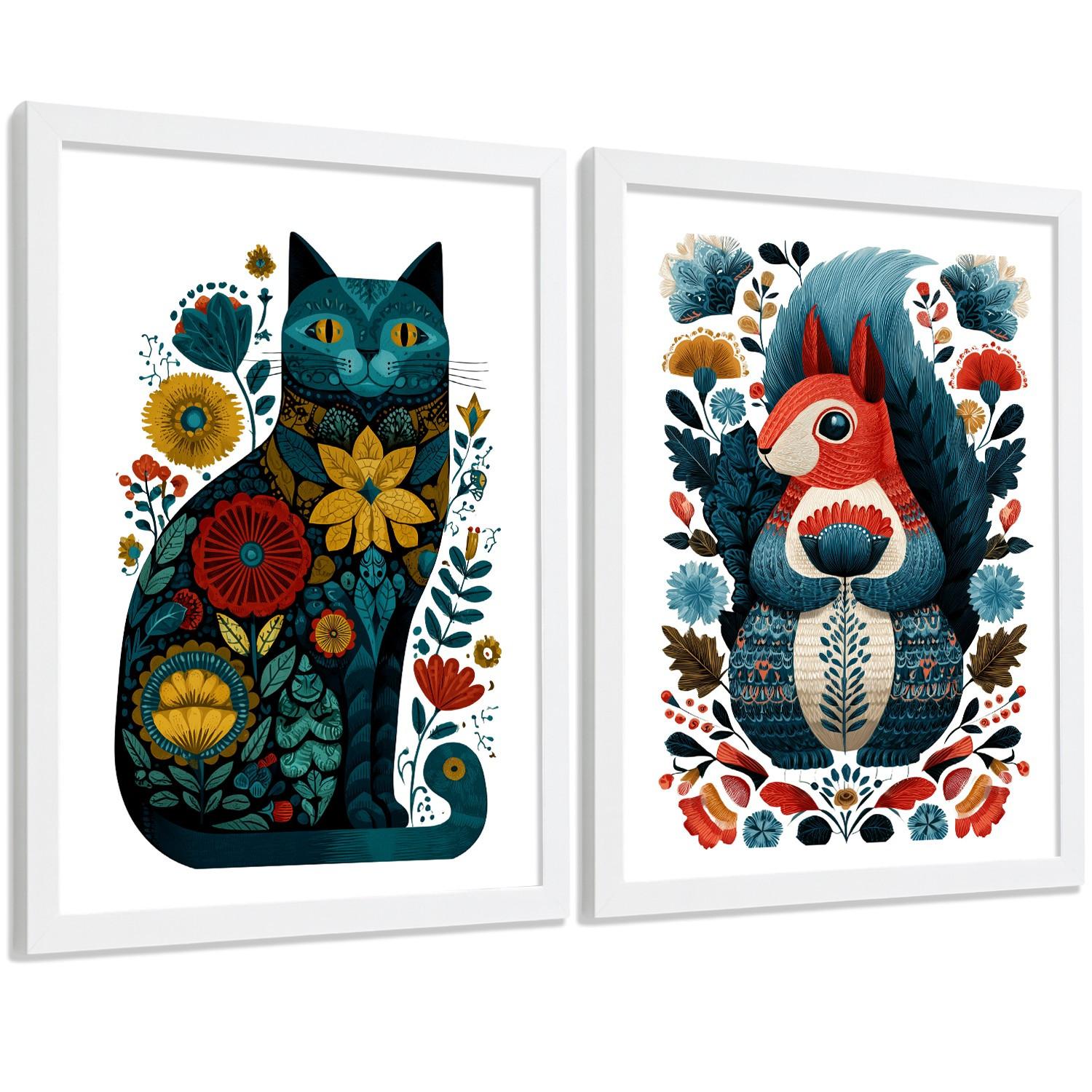 POSTER 2er-Set moderne Kunstdrucke im Folk-Stil, Katzen- und Eichhörnchen-Dekorationsbilder, farbenfrohe Blumenposter für Wohnzimmer Weißer Rahmen A3 - Weiß, Papier (42/29.7/3cm) - Nacnic