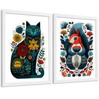 POSTER 2er-Set moderne Kunstdrucke im Folk-Stil, Katzen- und Eichhörnchen-Dekorationsbilder, farbenfrohe Blumenposter für Wohnzimmer Weißer Rahmen A3 - Weiß, Papier (42/29.7/3cm) - Nacnic