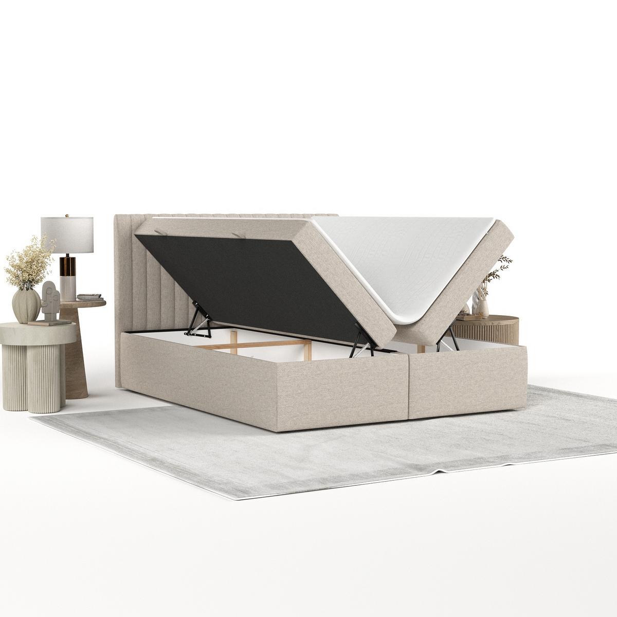 BOXBETT Maldon 140/200 cm Hellbeige im Megan Stoff - Sandfarben/Schwarz, Holz/Holzwerkstoff (140/200cm) - AltaBeds