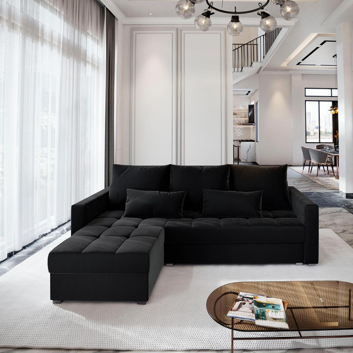 ECKSOFA KOS PIK Schwarz Plüsch-Stoff mit Schlaffunktion - Schwarz/Grau, Holz/Kunststoff (220/140cm) - MASSENO