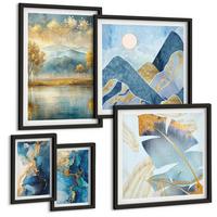 BILDER SET 5er Set - 50x50 cm & 20x30 cm & 40x60 cm Schwarzer Rahmen - Goldmuster in den blauen Bergen - Schwarz, Kunststoff (40/60cm) - TULUP