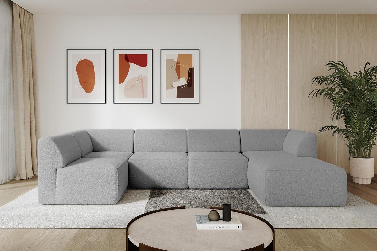 WOHNLANDSCHAFT Ottomane Rechts MOVO-L 345x180x78 cm Hellgrau Bouclé - Anthrazit, Holzwerkstoff/Kunststoff (180/78/345cm) - ALTDECOR