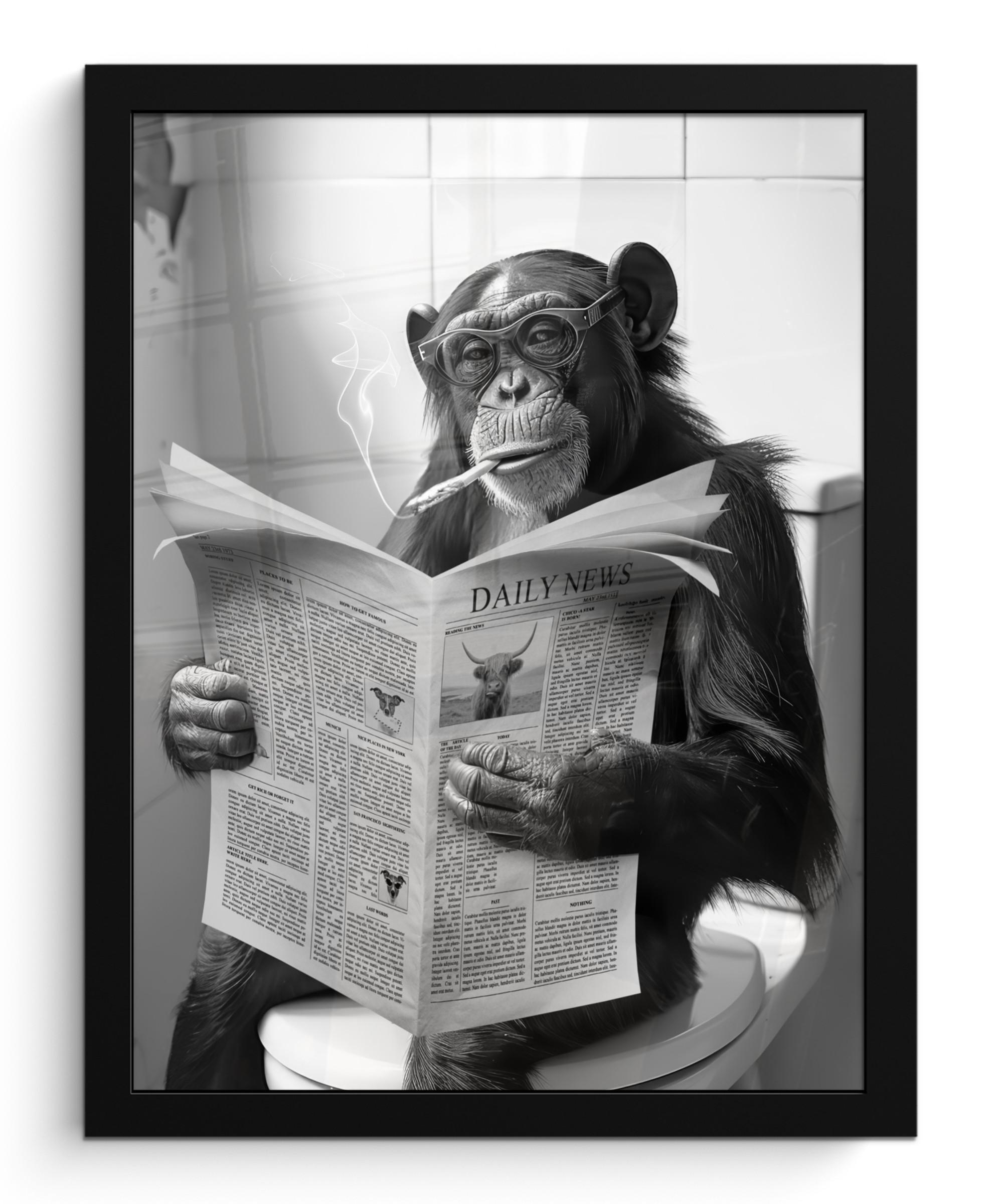 POSTER MIT RAHMEN Affe - WC - Zeitung - Schwarz-Weiß - Humor Bilderrahmen 30x40 cm - Hellgrau, Papier (30/40cm) - MuchoWow