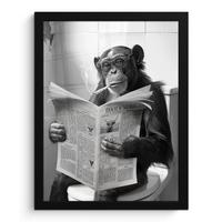 POSTER MIT RAHMEN Affe - WC - Zeitung - Schwarz-Weiß - Humor Bilderrahmen 30x40 cm - Hellgrau, Papier (30/40cm) - MuchoWow