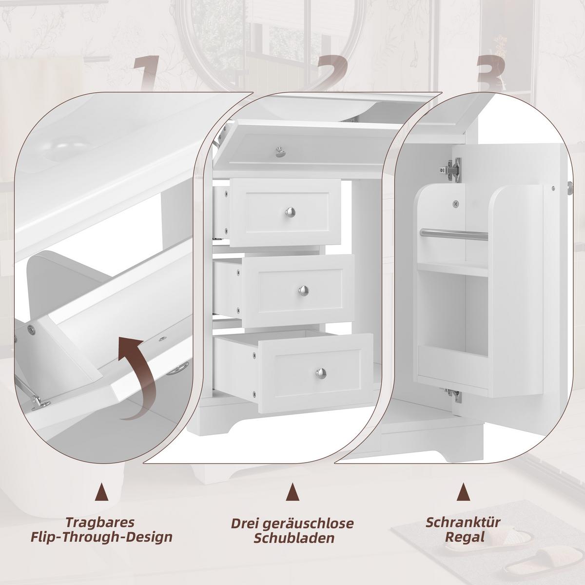 WASCHTISCH mit Unterschrank Weiß 76cm Standschrank mit Keramikbecken & 4 Schubladen - Weiß, Holzwerkstoff (76/87/46cm) - Urban Meuble
