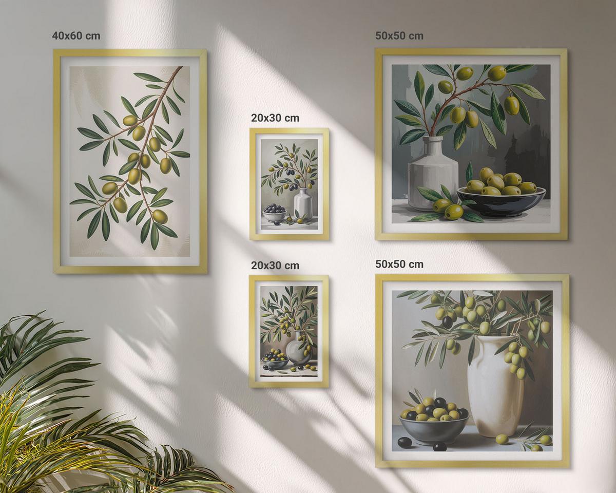 BILDER SET 5er Set - 50x50 cm & 20x30 cm & 40x60 cm Goldrahmen - Oliven in grauen Vasen - Goldfarben, Kunststoff (40/60cm) - TULUP