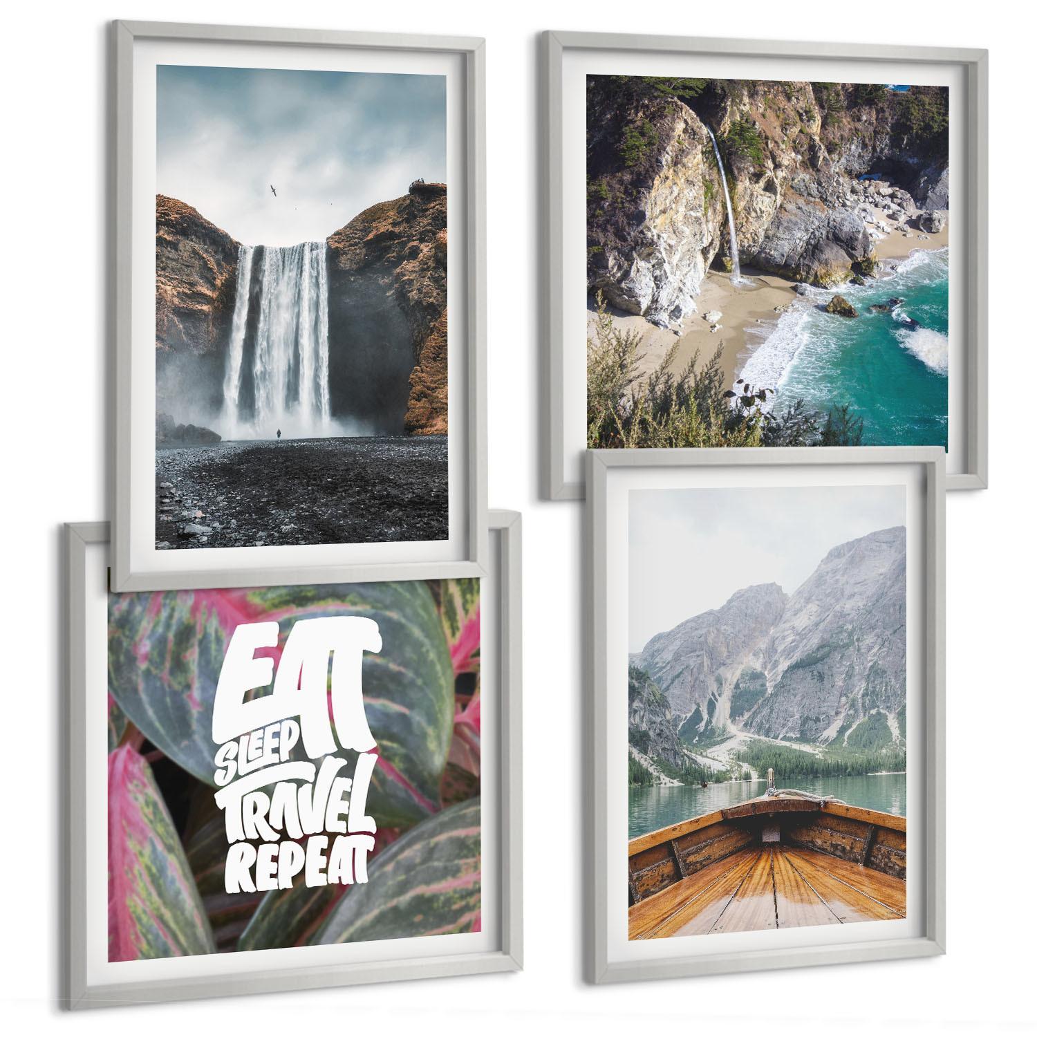 BILDER SET 4er Set - 50x50 cm & 40x60 cm Silberner Rahmen - Wasserfall Bergreise Natur - Silberfarben, Kunststoff (50/50cm) - TULUP