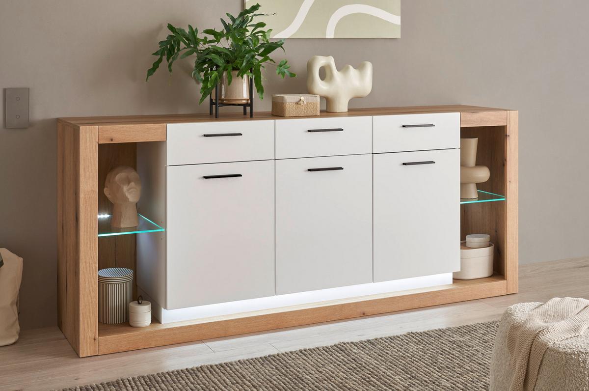 SIDEBOARD weiß matt, Evoke Eiche, Kommode 198 x 83 cm - Eichefarben/Silberfarben, Glas/Holzwerkstoff (198/83/43cm) - Furn.Design