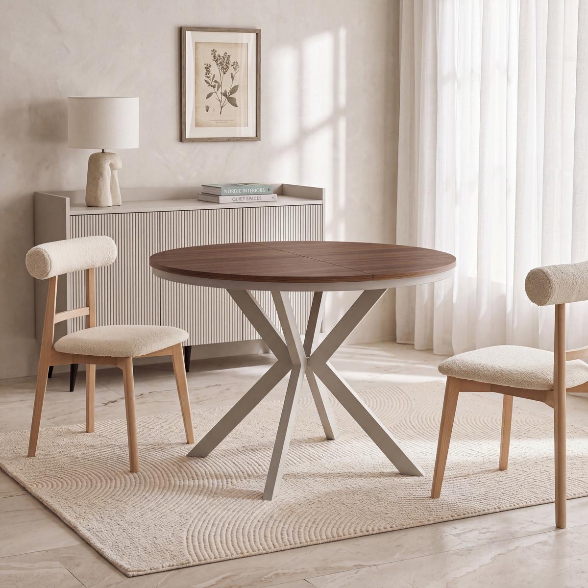 ESSTISCH Valio Neo rund oval ausziehbar verlängerbar mit Metallbeinen in Kaschmir Grau, Nussbaum Braun 100-140/100/76 cm - Kaschmir/Beige, Holzwerkstoff/Metall (100/140/76cm) - WFL GROUP