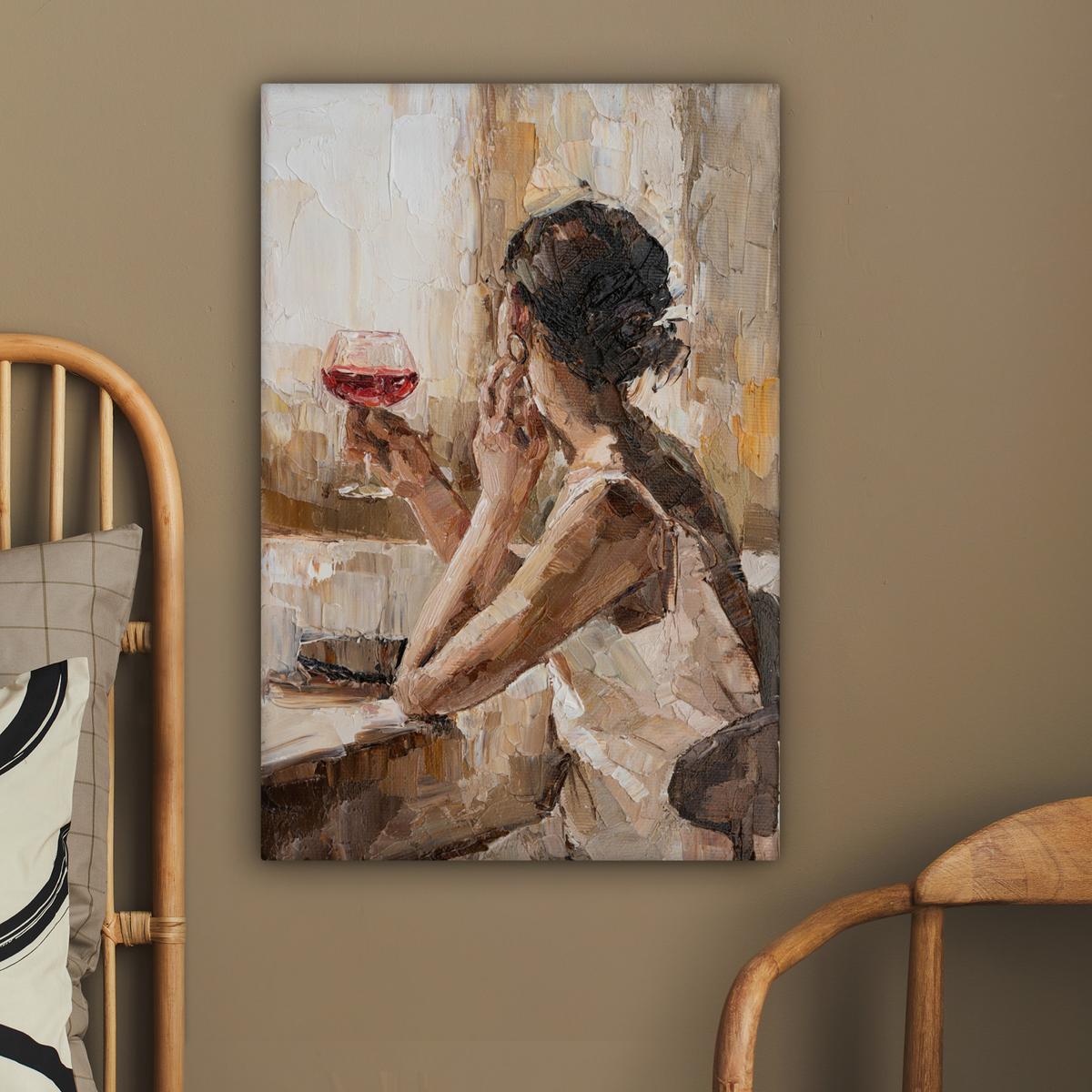 LEINWANDBILD Ölgemälde - Frau - Wein Wanddeko 40x60 cm - Hellbraun, Textil (40/60cm) - MuchoWow