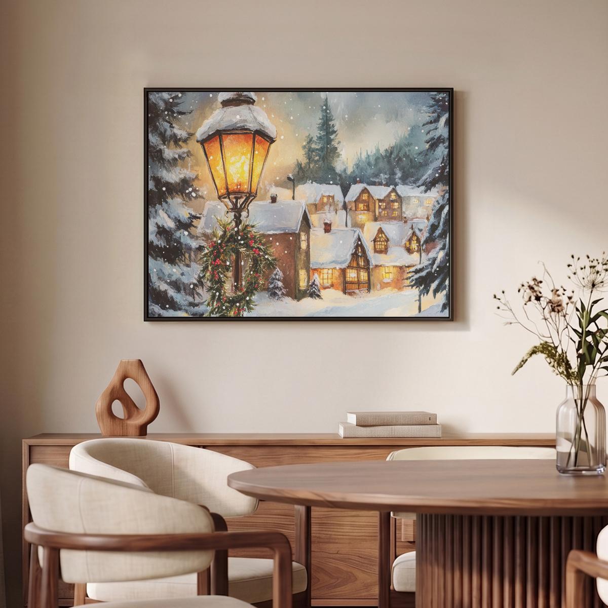 LEINWAND Bilder mit Rahmen - Weihnachtsdorf - Häuser - Schnee - Weihnachten - 70x50 - Sandfarben, Textil (70/50cm) - MuchoWow