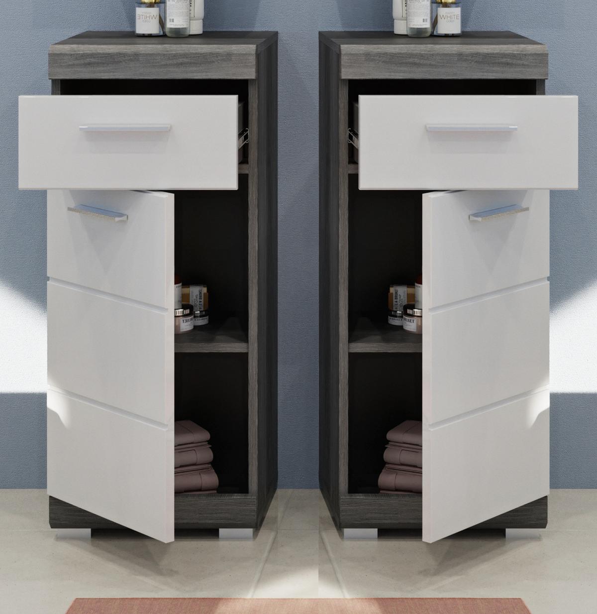 KOMMODE weiß Hochglanz, grau 88 cm, Badkommode mit Vollauszug - Chromfarben/Weiß Hochglanz, Holzwerkstoff/Kunststoff (37/88/31cm) - Inn.Furn