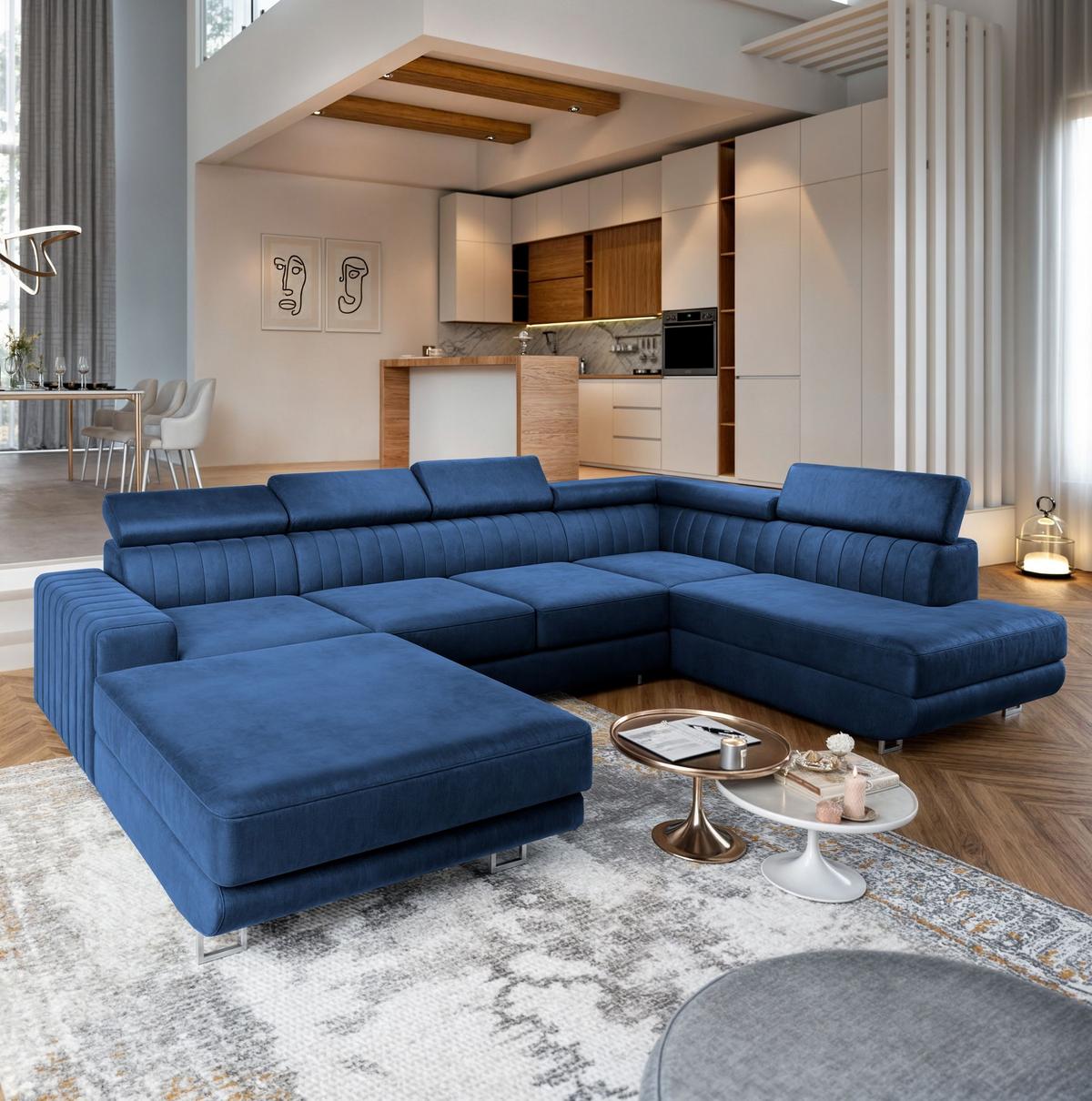 WOHNLANDSCHAFT SIENA R-S Blau Velours-Stoff mit Schlaffunktion - Blau/Silberfarben, Holz/Textil (335/89/190cm) - MASSENO